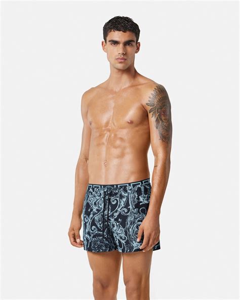 Versace Underwear: Blue Barocco Stencil Swim Shorts 